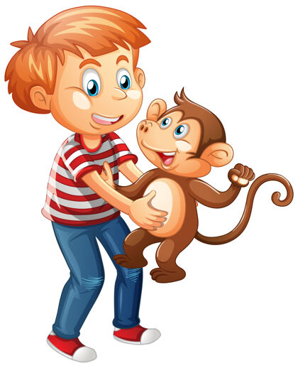 快乐男孩抱着一只小猴子孤立在白色的家庭伴侣乐趣