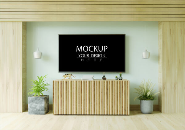 三维渲染客厅里的电视模型家具房子空白