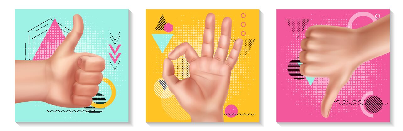 手势真实的手势收集与女性手显示好拇指向上和向下的迹象手彩色收集