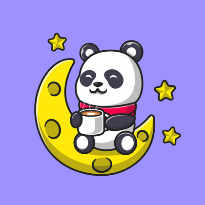 熊猫可爱的熊猫在月亮上喝咖啡卡通平面卡通风格咖啡动物月亮