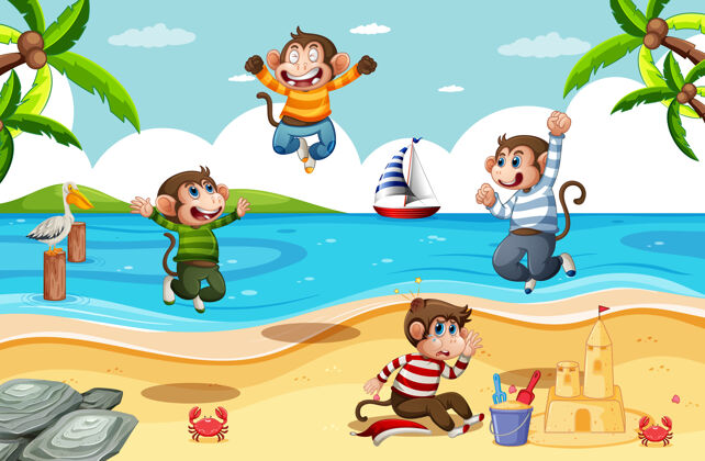 青年四只小猴子在沙滩上跳跃生活动物环境