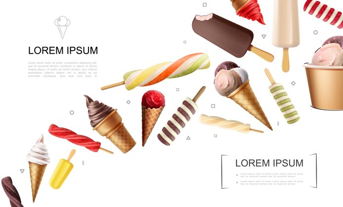牛奶现实的冰淇淋概念与棒棒糖糖果水果冰淇淋圣代冰棒焦糖巧克力牛奶勺在华夫饼锥冰巧克力冰棒