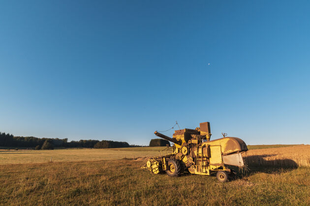 背景美丽的拍摄收割机在农场与蓝天背景农作物工业农场