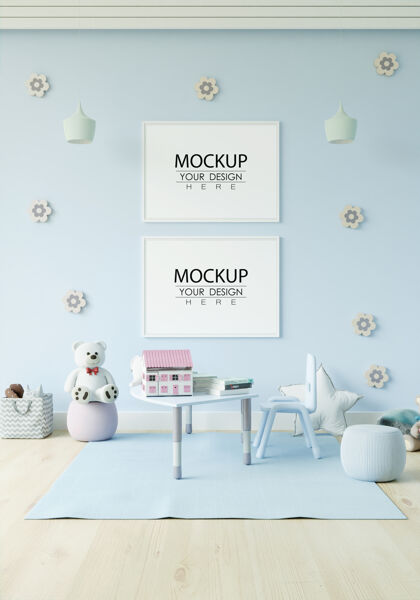 空儿童卧室模型中的海报框架舒适墙模型