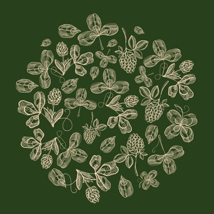 日自然循环圣帕特里克日组成的三叶草和啤酒花的叶子树枝叶圆组成