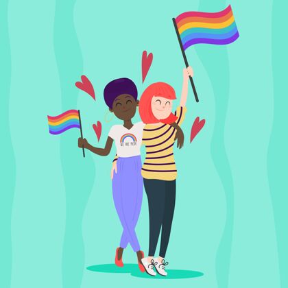 浪漫平面设计同性恋夫妇与lgbt旗帜插图关系女朋友家庭