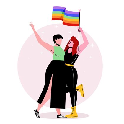 女人女同性恋夫妇与lgbt旗插图情侣公寓家庭
