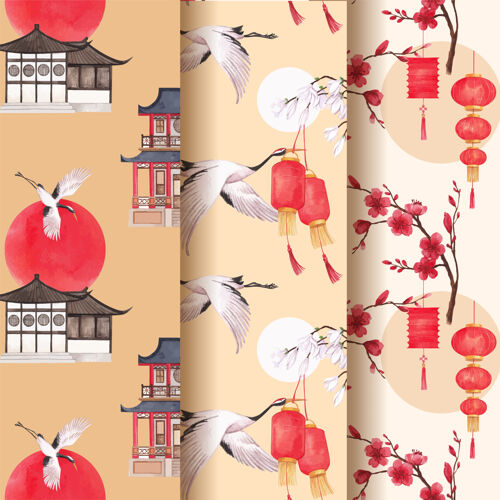宝塔图案模板与欢乐春节概念设计水彩插画传统花卉农历
