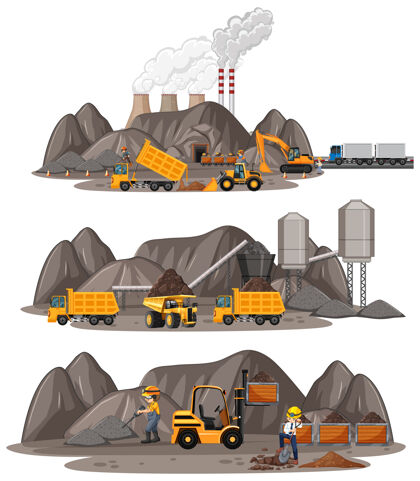 日出煤矿现场有不同类型的建筑卡车太阳煤炭时间