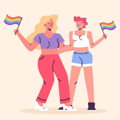 平等有机平面女同性恋夫妇插图与lgbt旗帜授权夫妇平面