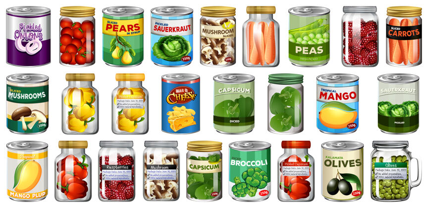 意大利面一套不同的罐头食品和食品罐隔离杂货店罐头配料