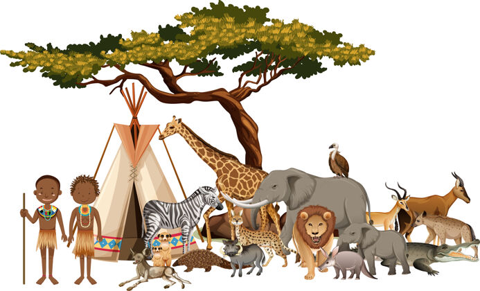 卡通在白色背景上有一群非洲野生动物的非洲部落捕食者哺乳动物剪贴画