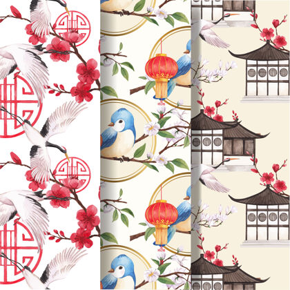鹤图案模板与欢乐春节概念设计水彩插画亚洲占星术中国新年