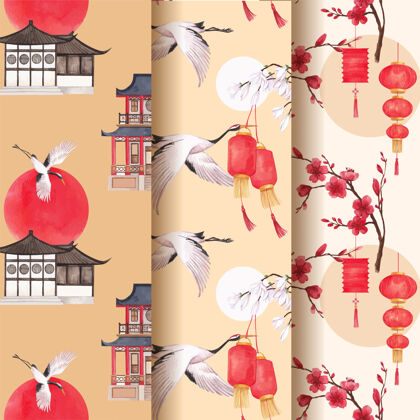 宝塔图案模板与欢乐春节概念设计水彩插画传统花卉农历