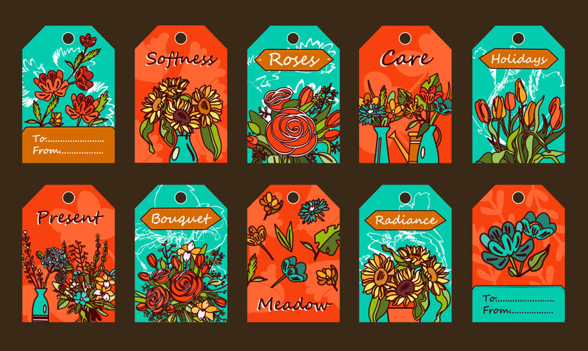 花束花束标签花瓶 郁金香 玫瑰插图与红色和蓝色背景上的文字束橙色花卉时尚