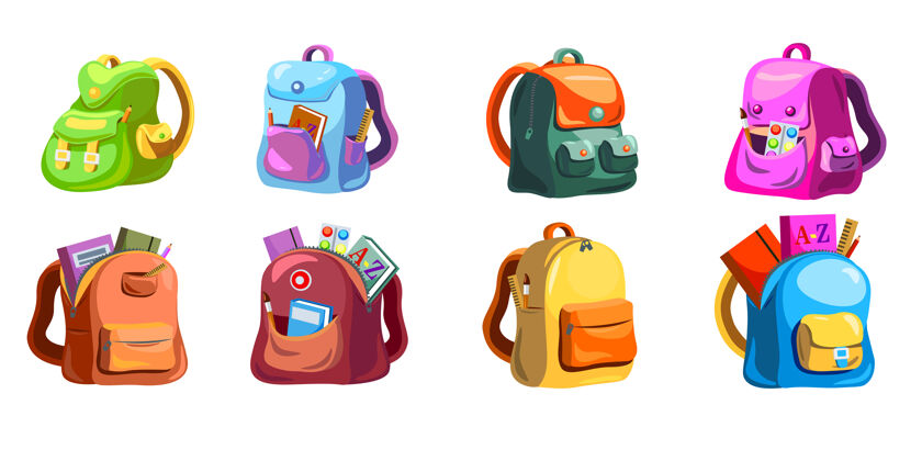 学生卡通小学书包套装儿童书包与用品在开放式口袋 五颜六色的明亮的袋子和背包学习笔记本小学