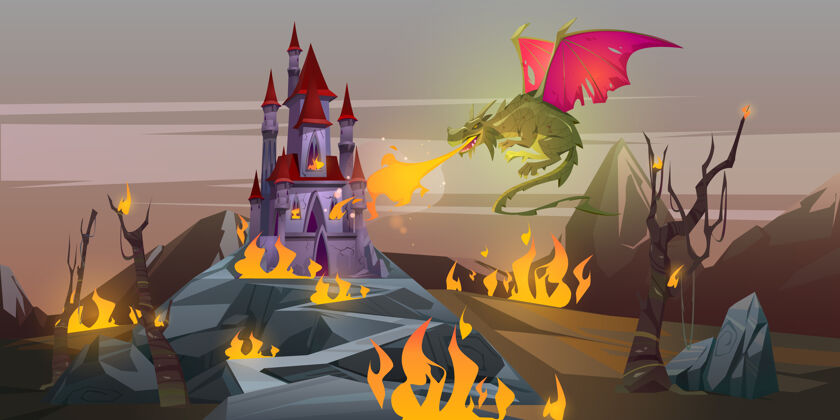 龙童话中的喷火龙攻击了山谷中的魔法城堡童话尾巴恐怖
