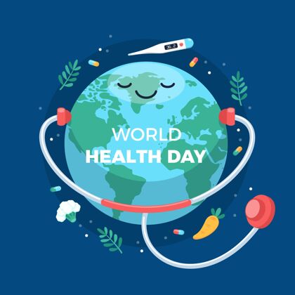 健康世界卫生日插图与行星和听诊器插图医疗保健庆典
