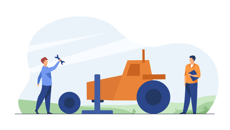 农业机修农民拖拉机外面更换车轮 轮胎 工具卡通插图人物服务修理工