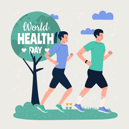 健康手绘世界卫生日插图与人们慢跑医疗保健健康国际