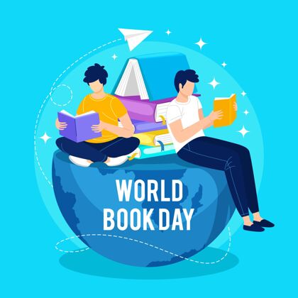 读书日手绘世界图书日插图与人们一起阅读学习人物教育