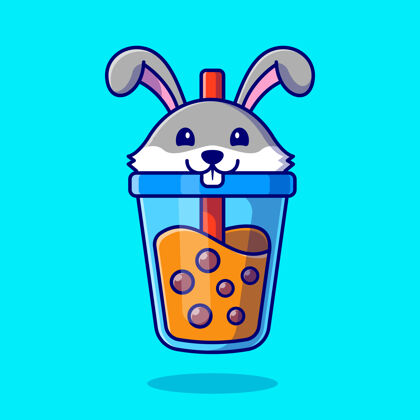 人物可爱的兔子波巴奶茶卡通图标插图宠物动物欢呼