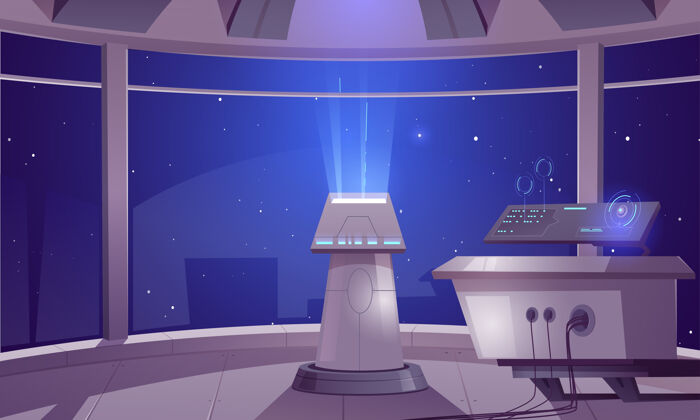 电脑太空船控制中心 船长舱内部与数据中心hud面板和大窗口宇宙观未来的外星人orlop 在航天器驾驶舱 星际火箭卡通插图宇宙飞船窗户工作人员