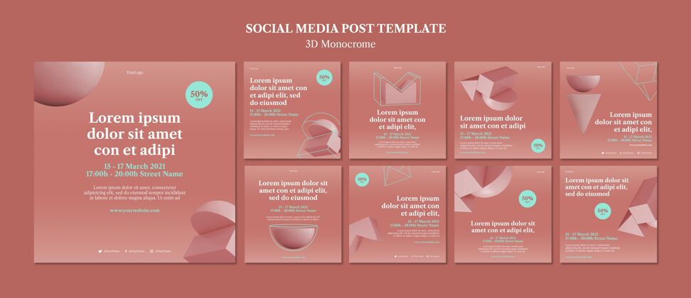 3d渲染3d单色形状instagram帖子模板包装社交媒体收藏