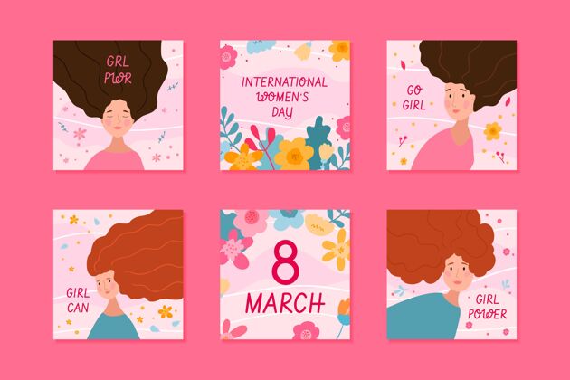 全球手绘国际妇女节instagram帖子集社交媒体帖子3月8日包装