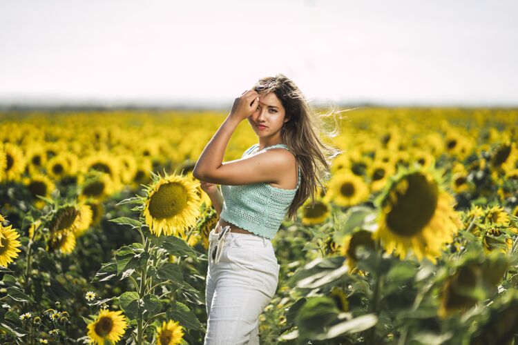 阳光在阳光明媚的日子里 一位白人年轻女性在向日葵的田野里摆姿势的水平镜头开花明亮模型