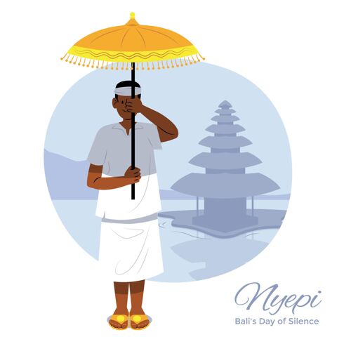 手绘手持雨伞的手绘nyepi插图冥想印度教男人