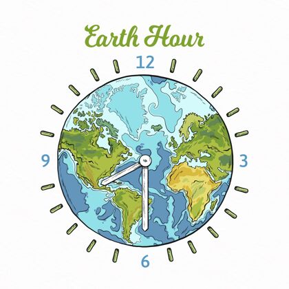 关掉手绘地球一小时插图与行星和时钟全球庆典关掉
