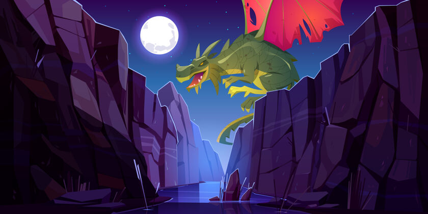 幻想传说中的龙在峡谷里飞过河流野生游戏水