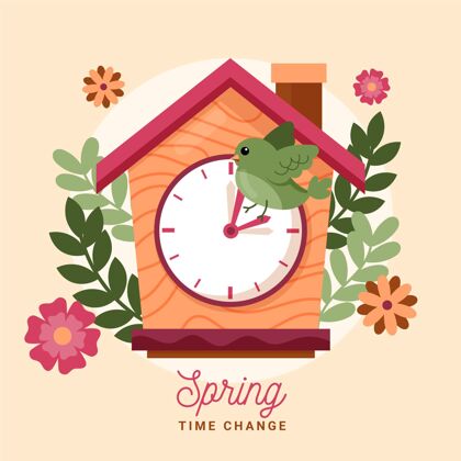 平面设计手绘春季时间变化插图与时钟和鸟时间变化钟鸟