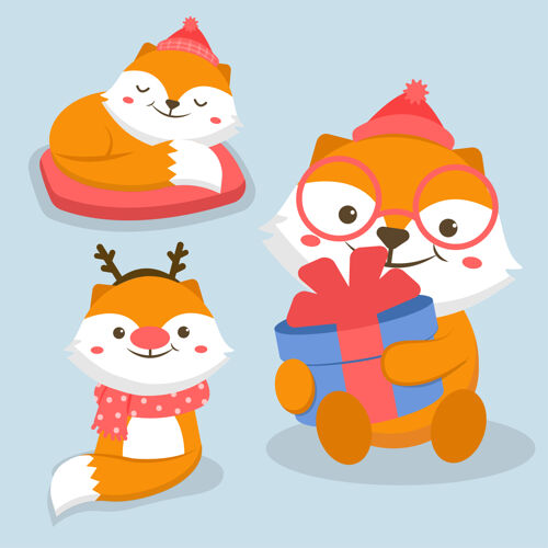 圣诞快乐动物性格狐狸与礼品盒插图自然礼物野生动物