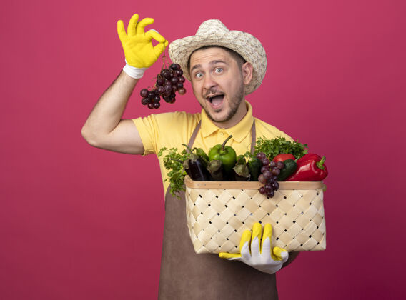 束年轻的园丁穿着连体衣 戴着帽子 戴着工作手套 手里拿着装满蔬菜的箱子 手里拿着一束葡萄 站在粉红色的墙上惊讶地看着前面惊喜期待制服
