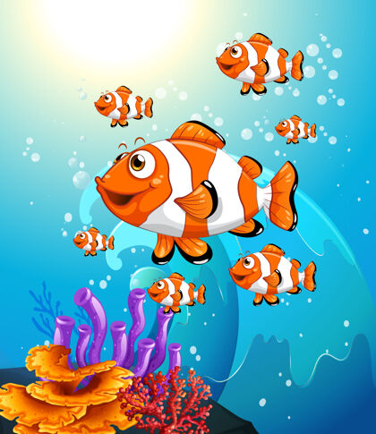 水生许多奇异的鱼卡通人物在水下场景与珊瑚动物嘴巴动物