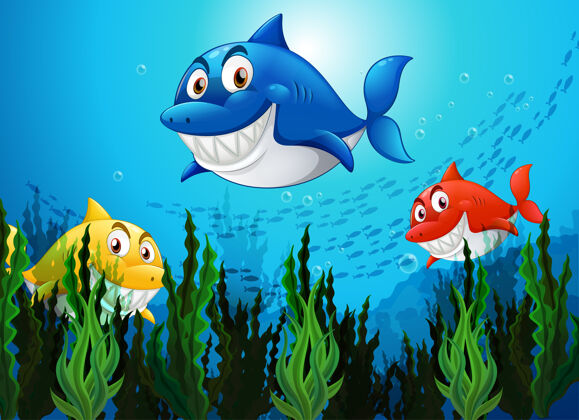 感觉许多鲨鱼卡通人物在水下的背景牙齿蓝色水族馆