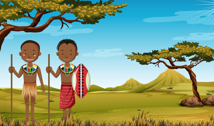 青年非洲各部落的少数民族以传统服饰为自然背景文化卡通人