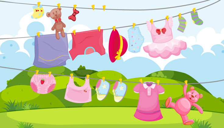 树孩子们的衣服在晾衣绳与儿童配件在户外的场景婴儿风景绳子