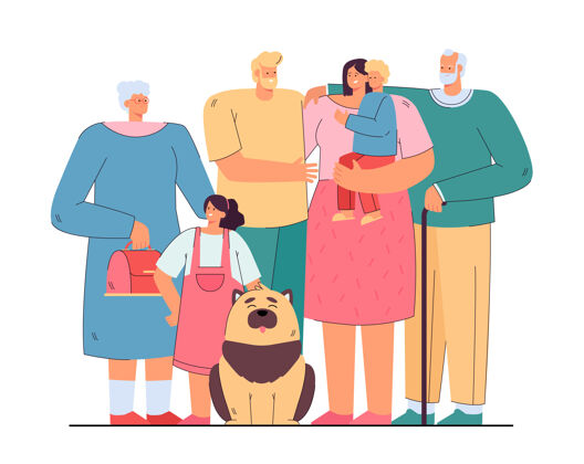 年龄爱幸福的大家庭站在一起孤立的平面插图角色成人在一起