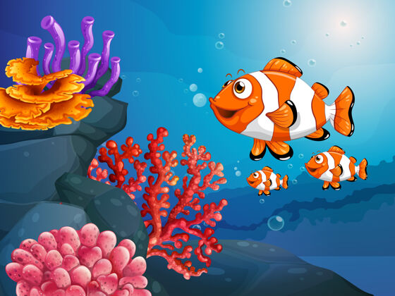 异国情调许多奇异的鱼卡通人物在水下场景与珊瑚水下鱼掠食