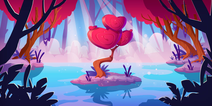 粉色森林沼泽中的心形花冠奇幻树神奇的红色蘑菇矢量卡通景观 不寻常的浪漫树童话游戏背景与爱的概念童话树水