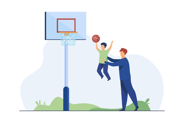 父母爸爸和小儿子一起打篮球爸爸帮男孩把球扔到篮子里球操场活动