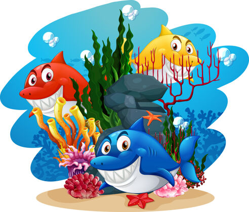 珊瑚许多鲨鱼卡通人物在水下的背景生物鱼动物
