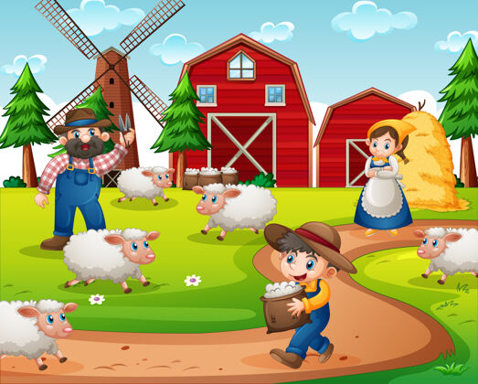 婴儿有红色谷仓和风车的农场场景羊健康羔羊