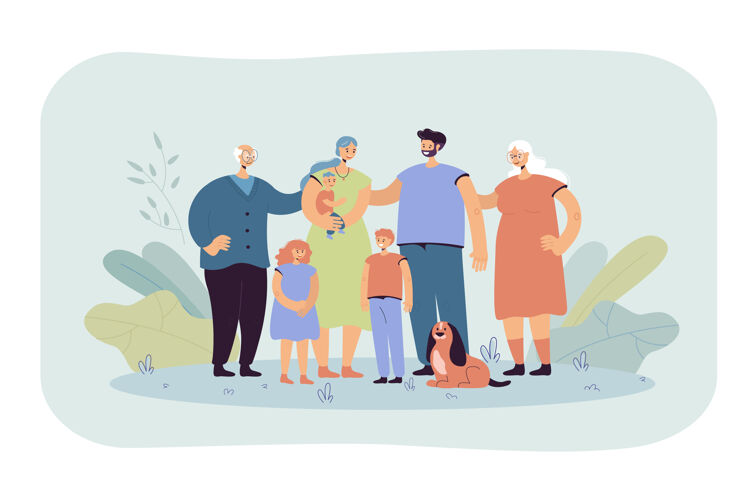 宠物快乐的大家庭站在一起 微笑着平面插图卡通爸爸 妈妈 奶奶 爷爷 孩子和狗爷爷妈妈大