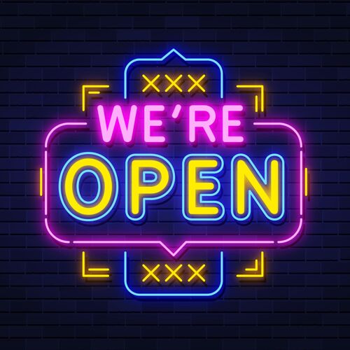 招牌霓虹灯“我们开门”标志欢迎公告开业