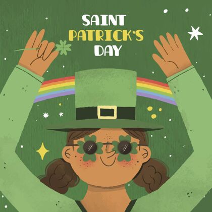 活动圣帕特里克节穿绿色和彩虹的女人春天啤酒节日