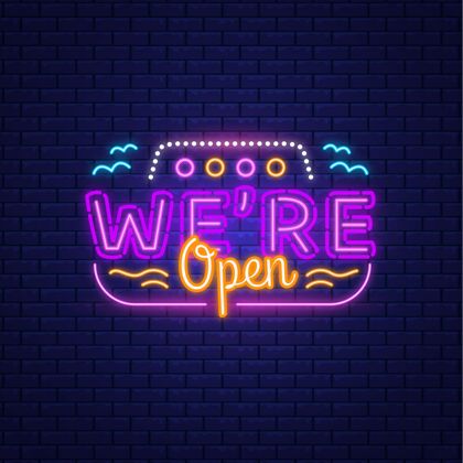 欢迎五颜六色霓虹灯“我们开门”标志欢迎公告重新开业